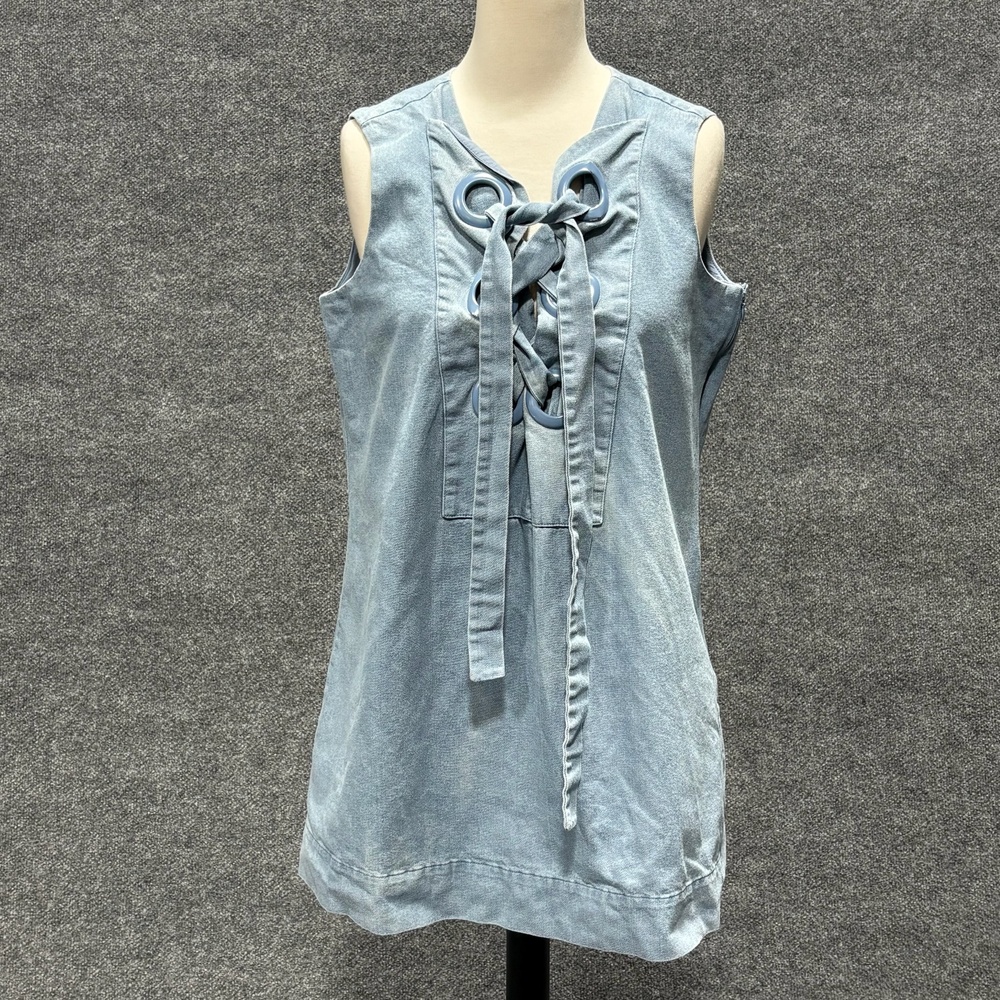 English Factory Dress Womens L Blue Denim Lace Up V Neck Sleeveless Shift Short